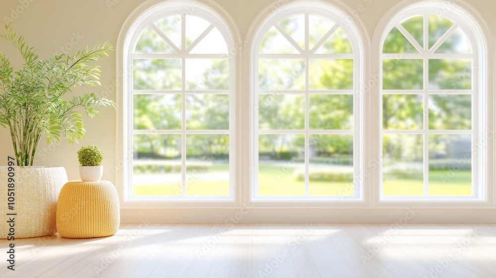 Obraz premium Sunlit room with large arched windows and potted plants creating a serene atmosphere, AI