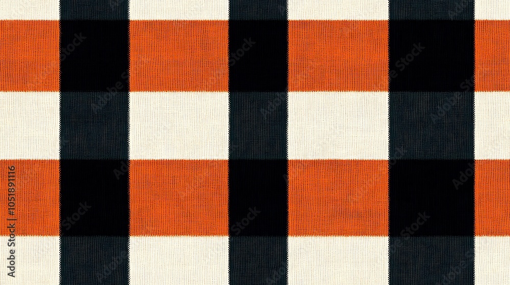 Fototapeta premium A seamless gingham pattern with alternating bold orange and dark green stripes layered over classic black-and-white checks, hd quality, natural texture, textile design, vibrant appearance,