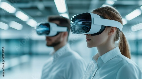 Two individuals wearing VR headsets explore virtual environments in a modern, tech-driven space.