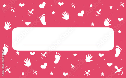 Baby vector background with text field. Handprint, footprint, soother, heart. Pink vector illustration.