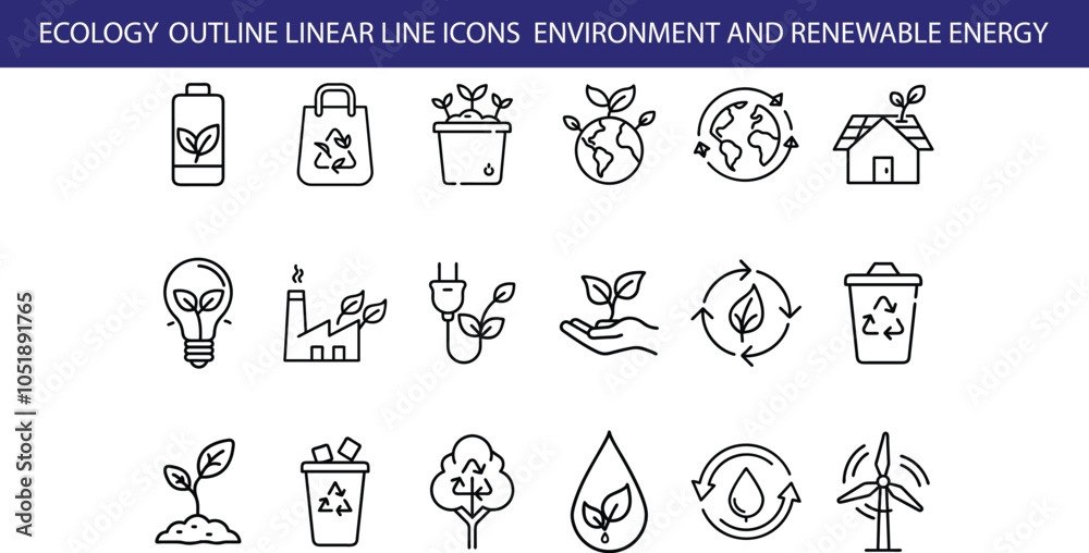 A set of 18 black and white line icons representing various aspects of ecology, environment, and renewable energy, including plants, recycling, solar panels, and wind turbines. A set of 18 black and white line icons representing various aspects of ecology, environment, and renewable energy, including plants, recycling, solar panels, and wind turbines.