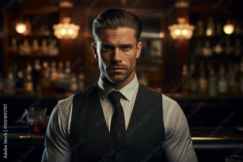 Classic bar pub with professional bartender barkeeper barman, Generative AI illustration photo Classic bar pub with professional bartender barkeeper barman, Generative AI illustration photo