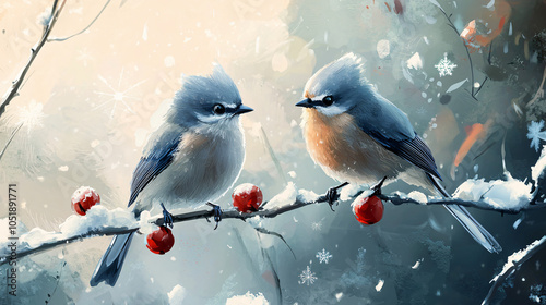 snowy, whippersnapper , happy Christmas tufted titmice on a branch, full bodied, brushstrokes