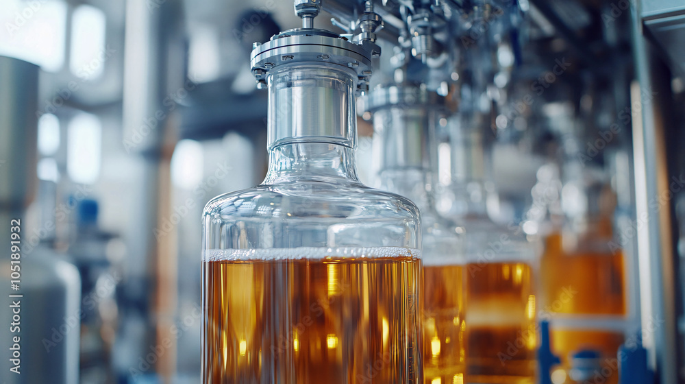 Bottles filled with amber liquid are seen in modern automated processing facility, showcasing advanced machinery for efficient production. scene reflects innovation and precision in manufacturing Bottles filled with amber liquid are seen in modern automated processing facility, showcasing advanced machinery for efficient production. scene reflects innovation and precision in manufacturing