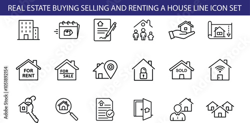 Real Estate Buying Selling Renting House Line Icons