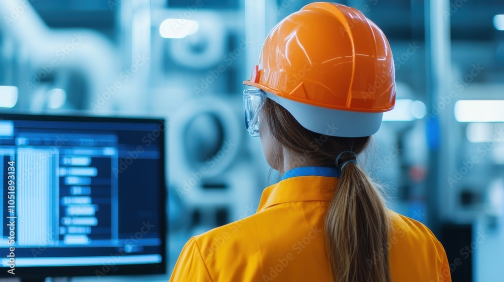 A woman in an orange safety helmet looks at a monitor displaying data in a factory setting, exemplifying industrial work and technology. A woman in an orange safety helmet looks at a monitor displaying data in a factory setting, exemplifying industrial work and technology.