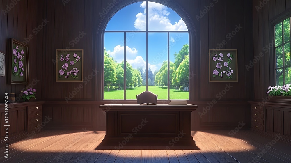 Fototapeta premium Elegant Wooden Office With a View of a Lush Green Garden.