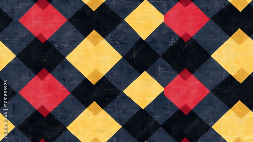 Fototapeta premium A seamless gingham pattern with diamond shapes in bright red and yellow, scattered across a black gingham background, hd quality, natural texture, textile design, bold look, fabric texture,