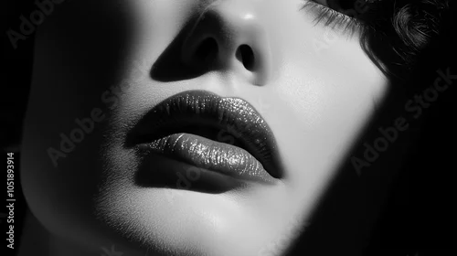 Fototapeta samoprzylepna High Contrast Close-Up Of Glossy Woman's Lips And Nose In Monochrome
