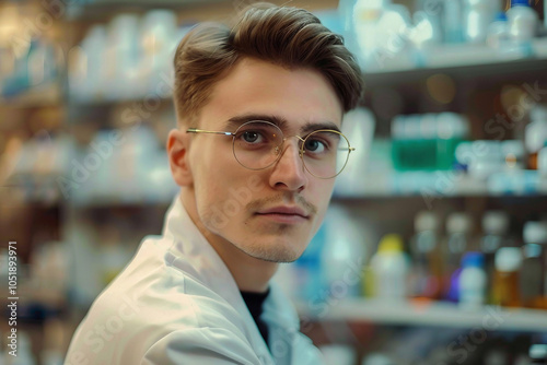 Pharmacist with a white lab coat standing confidently in front of medicine shelves generative AI