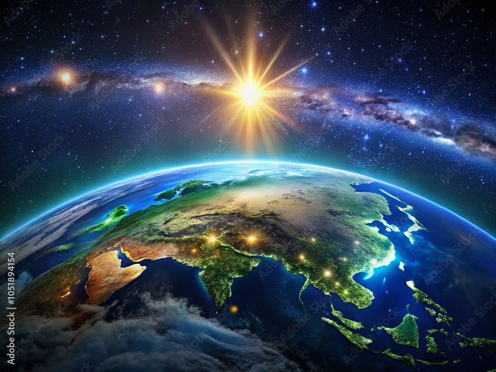 Fototapeta premium Earth at Night: Stunning City Lights and Starry Sky for Night Photography Enthusiasts