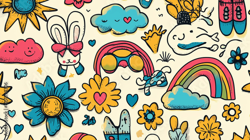 Cartoon Bunny In A Colorful Whimsical Pattern With Hearts And Sunflowers For Kids