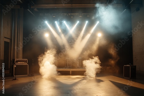 Illuminated Stage Ready for Performance: A Dramatic Aesthetic with Lighting Haze and Equipment Awaiting the Band's Arrival photo