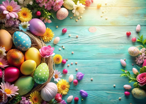Easter Background with Colorful Eggs and Blooming Flowers for Spring Celebrations