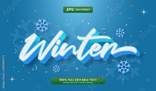 Winter 3D blue text snowflakes blue background. Editable text effect vector illustration