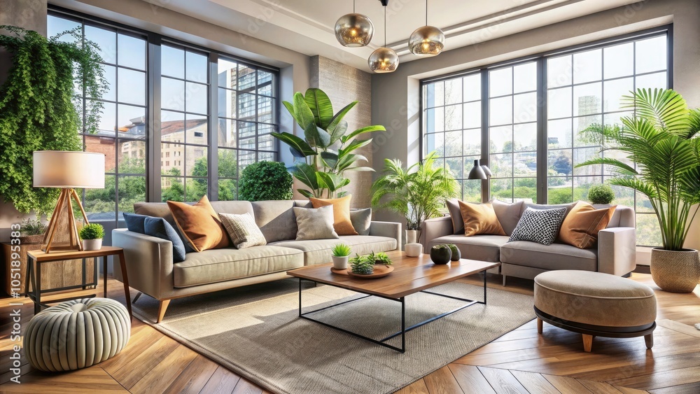 Fototapeta premium Modern Lounge Room with Stylish Furniture, Cozy Textiles, and Elegant Décor for Relaxation and Comfort in a Bright, Airy Space