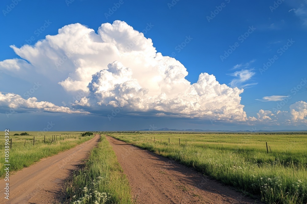 A breathtaking view of vast fields leading into a rural dirt road beneath a vast blue sky adorned with magnificent clouds. A breathtaking view of vast fields leading into a rural dirt road beneath a vast blue sky adorned with magnificent clouds.