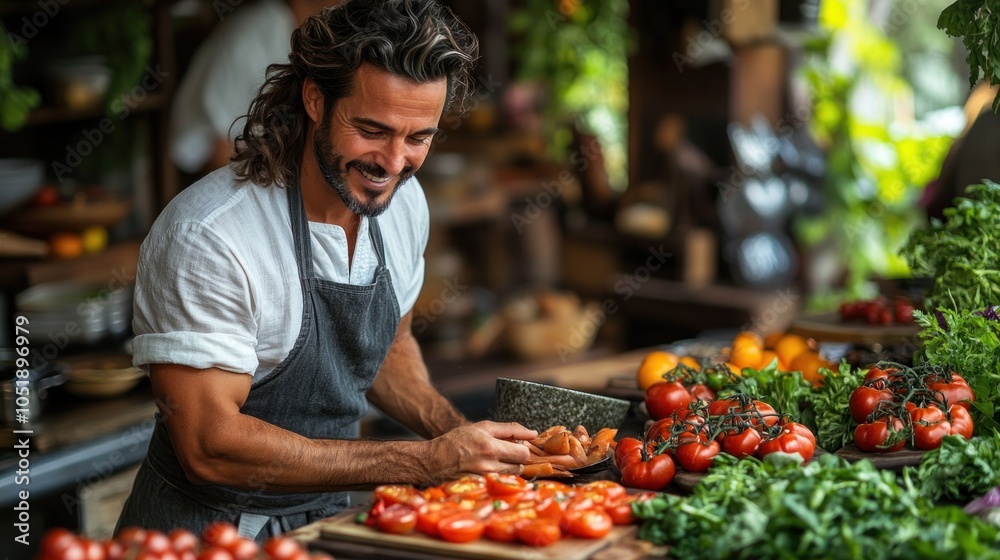A man preparing fresh vegetables in a vibrant market setting. A man preparing fresh vegetables in a vibrant market setting.