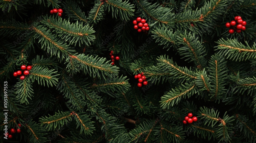 Lush Green Christmas Tree Branches with Red Berries Background Lush Green Christmas Tree Branches with Red Berries Background