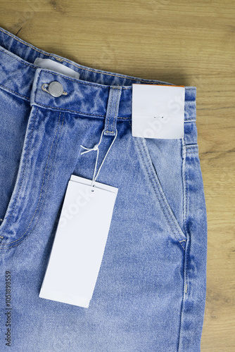 White empty clothing tag, label blank mockup for design on a jeans