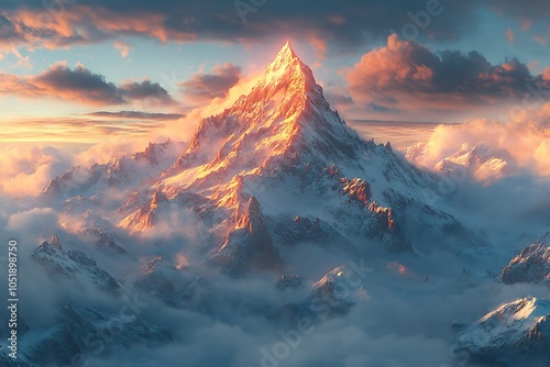 Majestic mountain peak illuminated by sunrise clouds.