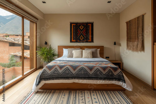 Modern Twin Size Bedroom in Cuzco with Neutral Tones and Wooden Frame