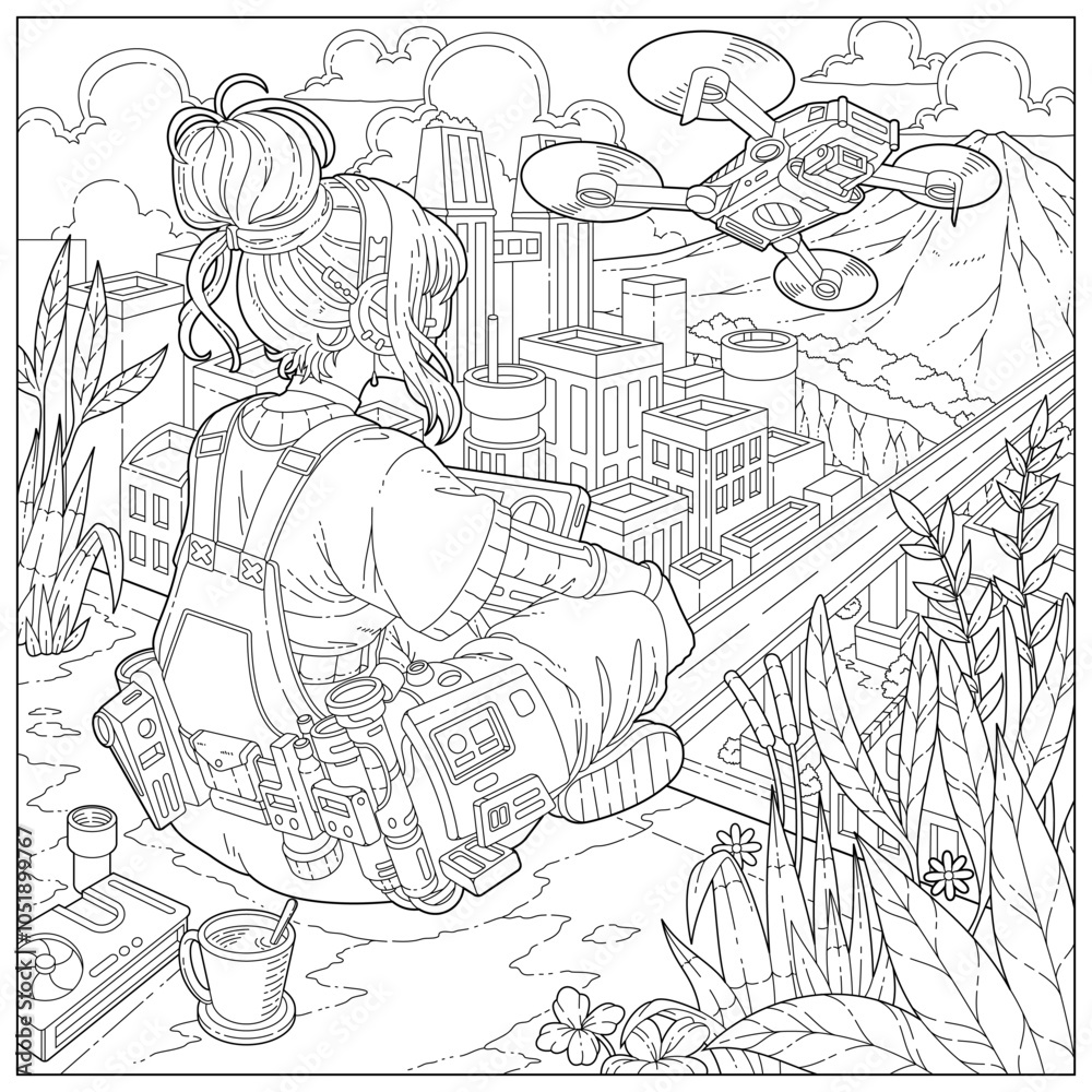 Obraz premium Fantasy girl becomes a pilot of technology drone in future city. Learning and education coloring page illustration for adult and children. Vector outline style, black and white drawing.