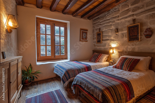 Modern Twin Size Bedroom in Cuzco with Neutral Tones and Wooden Frame