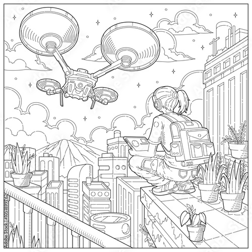 Fantasy girl becomes a pilot of technology drone in future city. Learning and education coloring page illustration for adult and children. Vector outline style, black and white drawing.