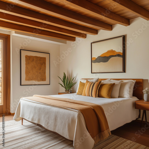 Modern Twin Size Bedroom in Cuzco with Neutral Tones and Wooden Frame