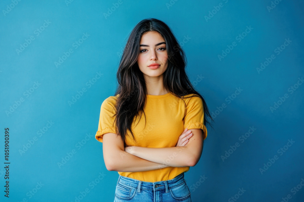 Woman in yellow shirt & jeans, arms crossed. Background of cityscape with busy street & tall buildings under sunny sky. Woman in yellow shirt & jeans, arms crossed. Background of cityscape with busy street & tall buildings under sunny sky.