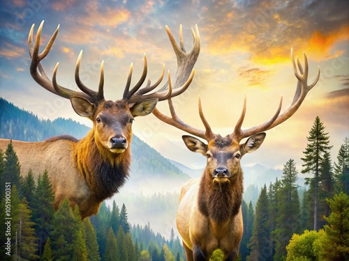 Enchanting Double Exposure of Two Elk with Innocent Pose Capturing Nature's Beauty