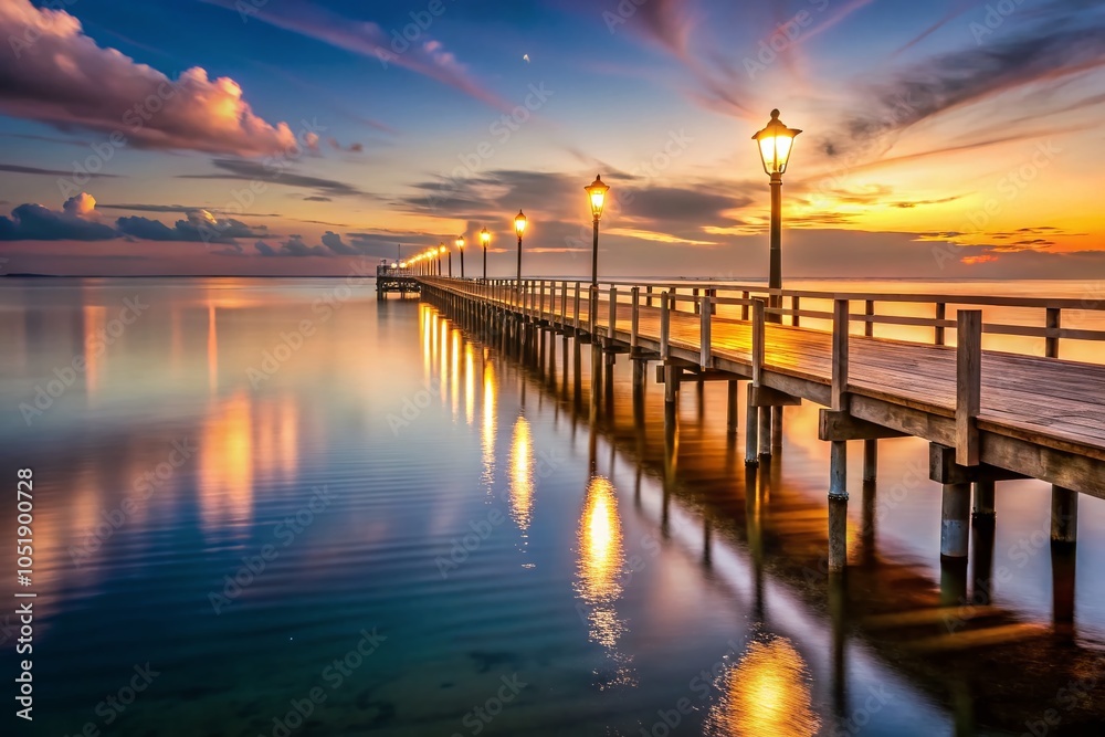 Fototapeta premium Enchanting Low Light Photography of a Wood Pier Illuminated by Decorative Light Posts at Dusk