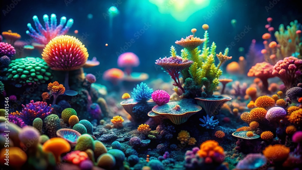 Enigmatic Underwater Alien Ecosystem with Bioluminescent Coral Reefs and Glowing Creatures in a Tilt-Shift Photography Enigmatic Underwater Alien Ecosystem with Bioluminescent Coral Reefs and Glowing Creatures in a Tilt-Shift Photography