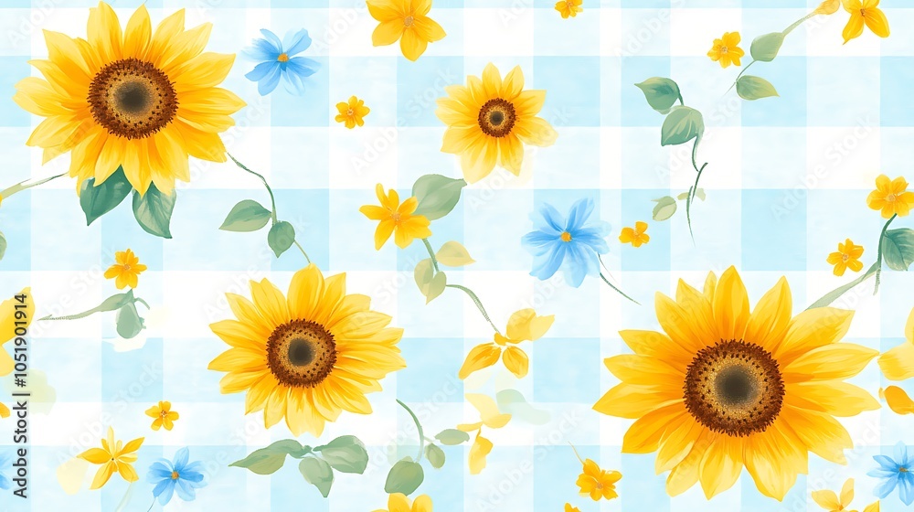A seamless gingham design with small sunflowers and beach elements, evoking a summer vibe, bright yellow and blue tones, hd quality, natural lighting, textile design, warm and cheerful, A seamless gingham design with small sunflowers and beach elements, evoking a summer vibe, bright yellow and blue tones, hd quality, natural lighting, textile design, warm and cheerful,