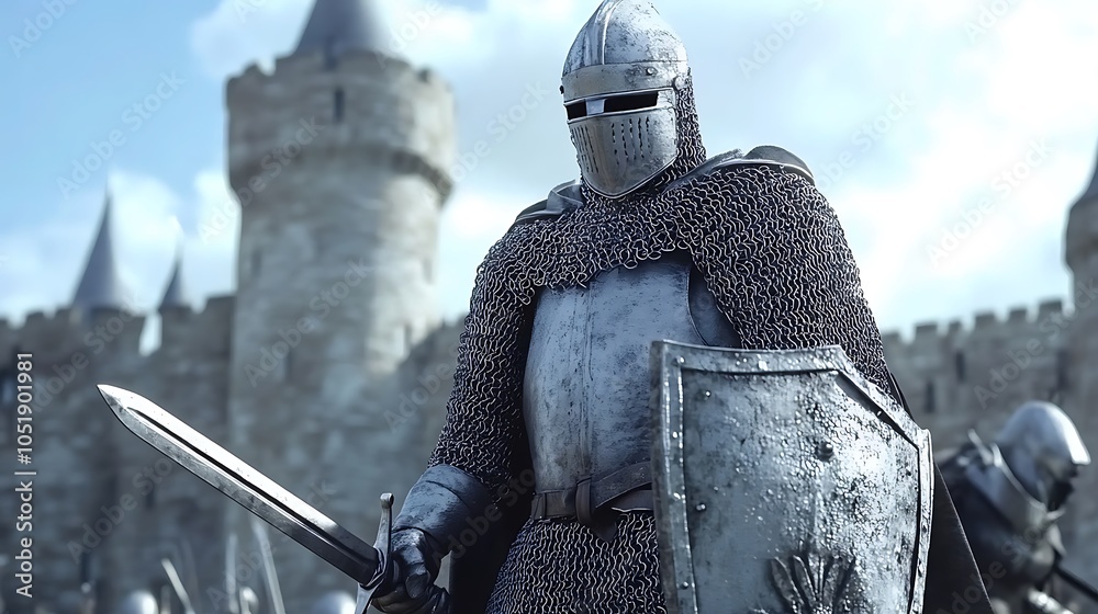 Medieval Knight in Full Armor with Sword and Shield in Front of a Castle. Medieval Knight in Full Armor with Sword and Shield in Front of a Castle.