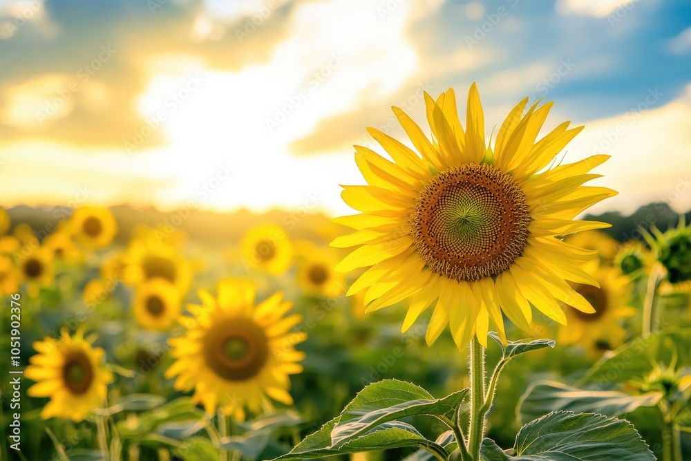 Sunflower Field at Sunset with Golden Rays of Light, Vibrant Yellow Petals and Green Leaves Sunflower Field at Sunset with Golden Rays of Light, Vibrant Yellow Petals and Green Leaves