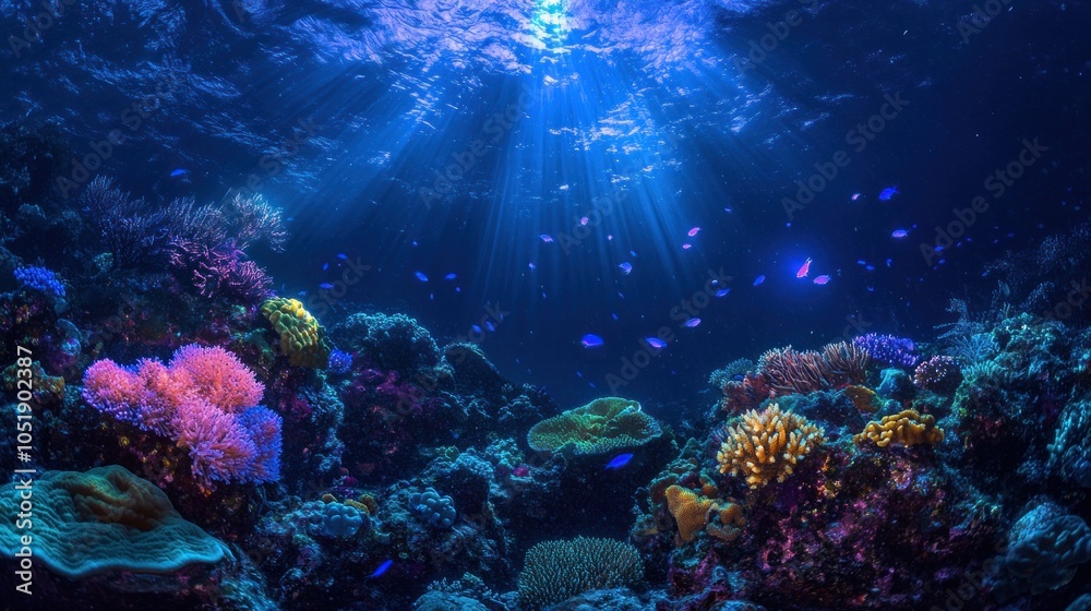 Obraz premium A vibrant coral reef teeming with life, bathed in sunlight filtering through the clear water.