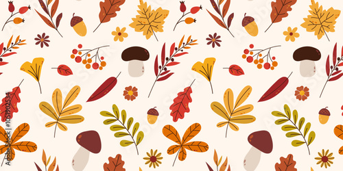 Bright autumnal seamless pattern with abstract leaves, berries of rowan, acorns, flowers and mushrooms. Hand drawn flat style. For background, wallpaper, textile, packaging.