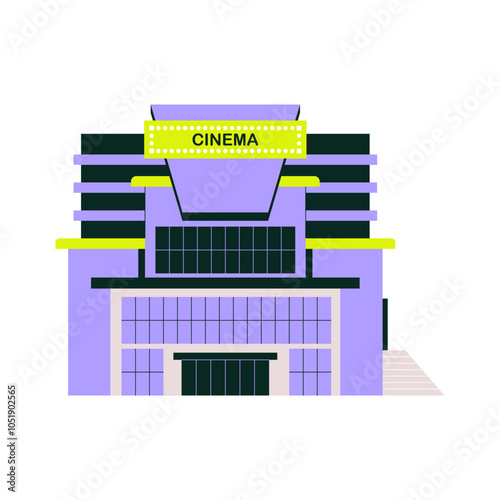 Cinema building facade in urban environment, flat vector illustration symbolizing movie theater, entertainment, and modern architecture, isolated on white background