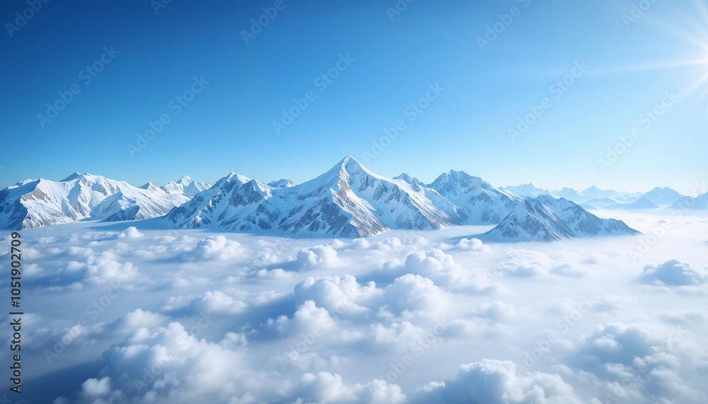 Obraz premium Snowy mountain peaks rising above fluffy clouds