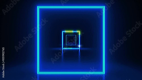 Blue glowing neon square frame animation background.