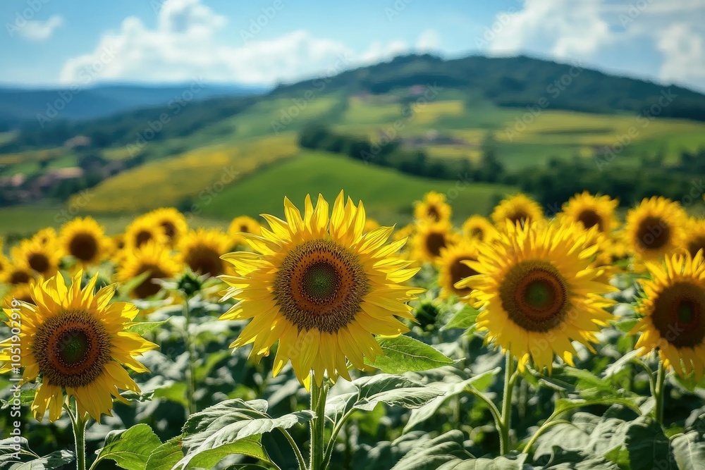 Fototapeta premium Sunflowers Blooming in a Field of Green, Nature's Beauty on Display