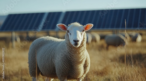 closeup of a sheep grazing near groundmounted solar panels on a farm photo