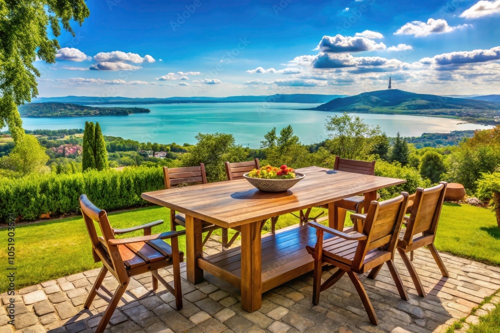Obraz premium Serene Table and Chairs Overlooking Lake Balaton in Badacsony, Hungary - Scenic View, Outdoor Dining, Nature, Relaxation, Tranquility, Landscape Photography