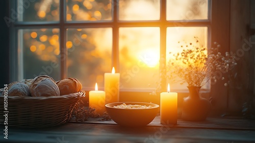 A breakfast table near a window adorned with glowing candles, a bowl of oatmeal, and a rustic bread basket, with a softly blurred view of the sunrise. photo