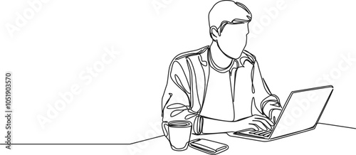 continuous single line drawing of young man using laptop computer, line art vector illustration