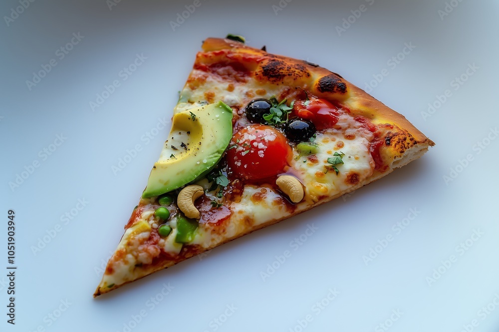 Delicious slice of pizza topped with fresh vegetables and cheese served on a plain white plate Delicious slice of pizza topped with fresh vegetables and cheese served on a plain white plate