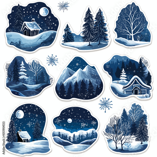 Winter Night Landscapes, Die Cut Vinyl Sticker Designs