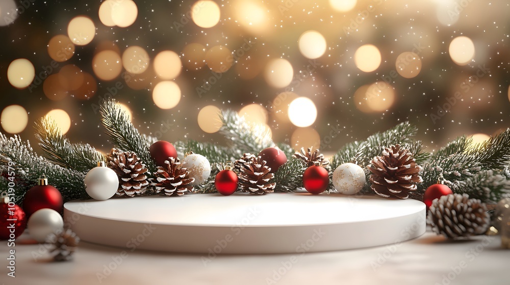 White circular platform with Christmas decorations, pine branches, red and white baubles, pinecones, bokeh lights effect, soft beige background, studio lighting, hyperrealistic. White circular platform with Christmas decorations, pine branches, red and white baubles, pinecones, bokeh lights effect, soft beige background, studio lighting, hyperrealistic.